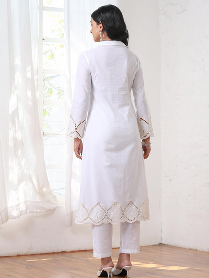 Dhiyona ST Women’s White Suit Set with Pant | 2 Pc Set, Cotton Cambric Fabric, Swiss Schiffli Embroidery on Hem, Full Sleeves, Work Wear, Casual