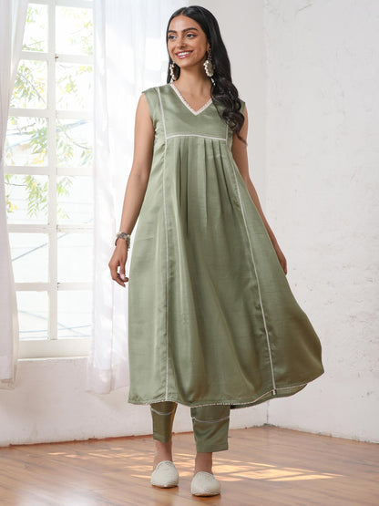 Dhiyona ST Women’s Sweet Pea Suit Set with Pant | 2 Pc Set, A-Line, Yoke & Lace Detailing, Sleeveless, Work Wear, Casual (PRF'T Lux Duchess Satin Fabric)