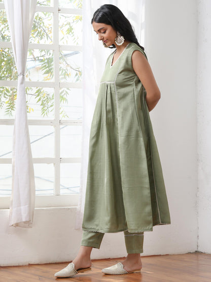 Dhiyona ST Women’s Sweet Pea Suit Set with Pant | 2 Pc Set, A-Line, Yoke & Lace Detailing, Sleeveless, Work Wear, Casual (PRF'T Lux Duchess Satin Fabric)