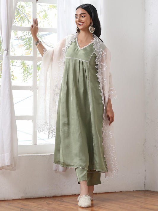 Dhiyona ST Women’s Sweet Pea Suit Set with Pant | 2 Pc Set, A-Line, Yoke & Lace Detailing, Sleeveless, Work Wear, Casual (PRF'T Lux Duchess Satin Fabric)