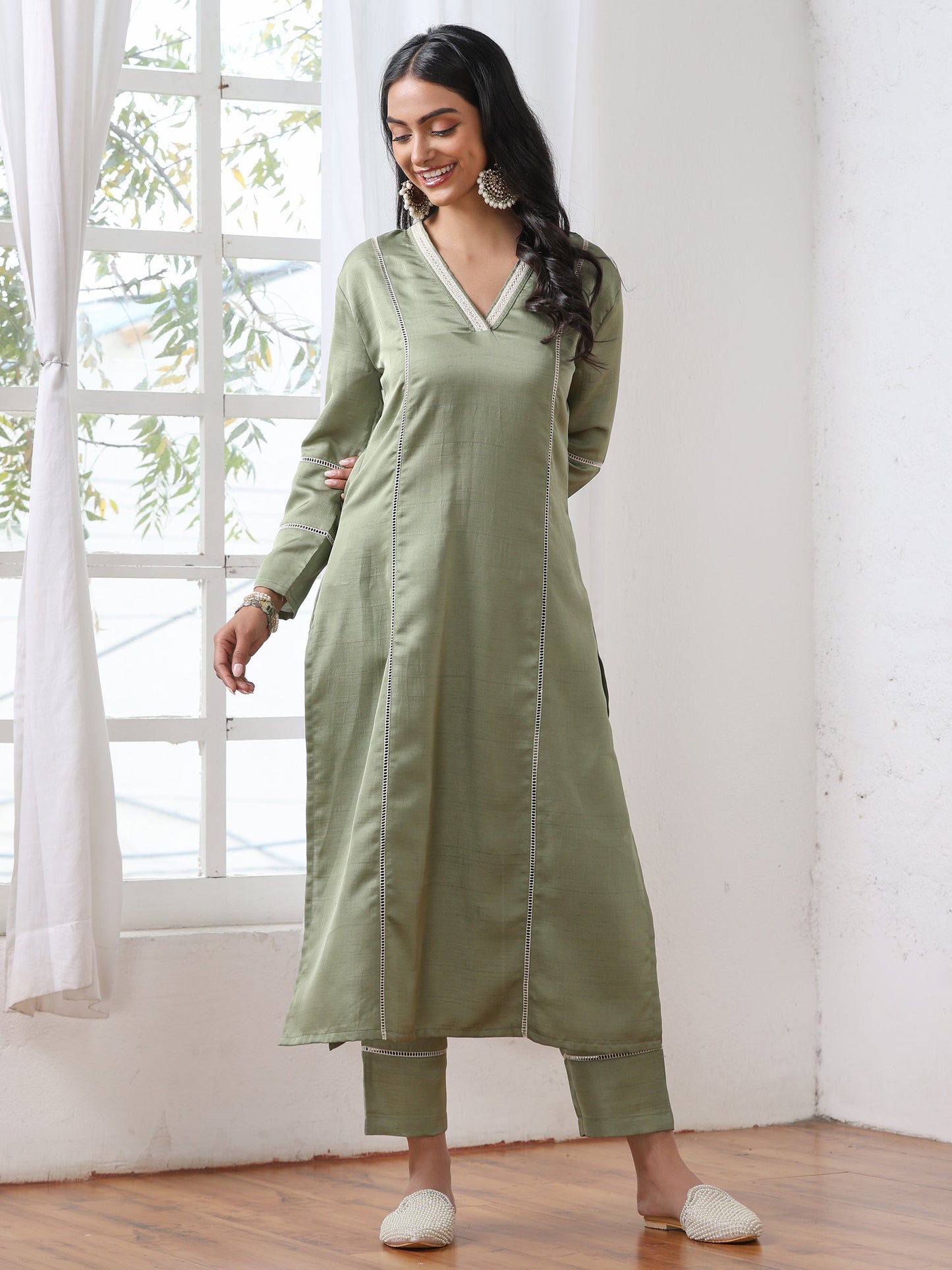 Dhiyona ST Women’s Sweet Pea Suit Set with Pant | 2 Pc Set, A-Line, Lace Detailing, V Neck, Work Wear, Casual (PRF'T Lux Duchess Satin Fabric)