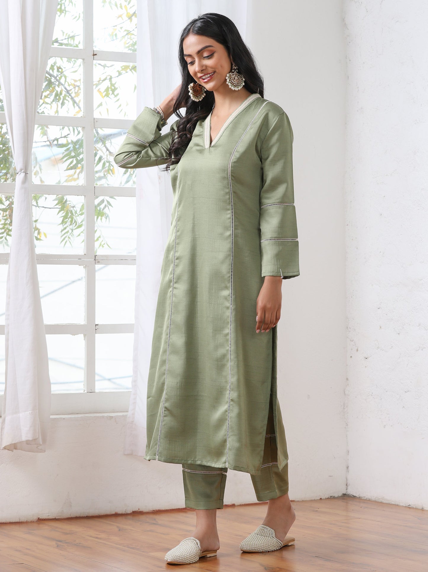 Dhiyona ST Women’s Sweet Pea Suit Set with Pant | 2 Pc Set, A-Line, Lace Detailing, V Neck, Work Wear, Casual (PRF'T Lux Duchess Satin Fabric)