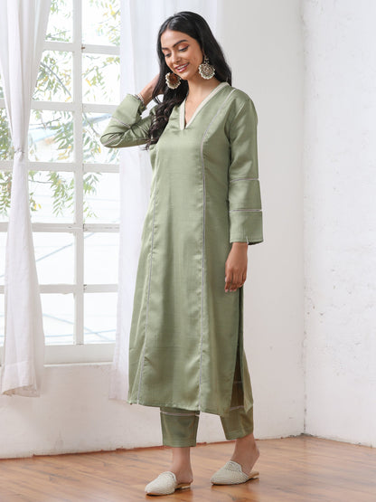 Dhiyona ST Women’s Sweet Pea Suit Set with Pant | 2 Pc Set, A-Line, Lace Detailing, V Neck, Work Wear, Casual (PRF'T Lux Duchess Satin Fabric)