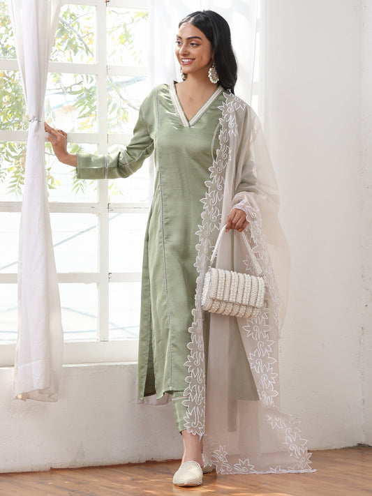 Dhiyona ST Women’s Sweet Pea Suit Set with Pant | 2 Pc Set, A-Line, Lace Detailing, V Neck, Work Wear, Casual (PRF'T Lux Duchess Satin Fabric)