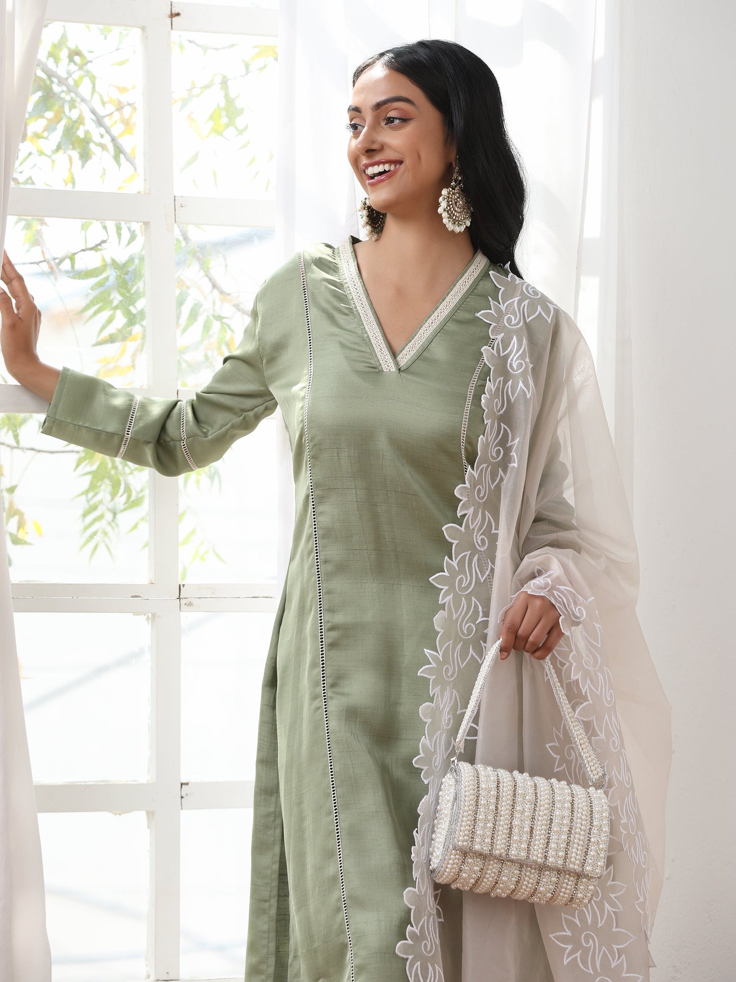 Dhiyona ST Women’s Sweet Pea Suit Set with Pant | 2 Pc Set, A-Line, Lace Detailing, V Neck, Work Wear, Casual (PRF'T Lux Duchess Satin Fabric)