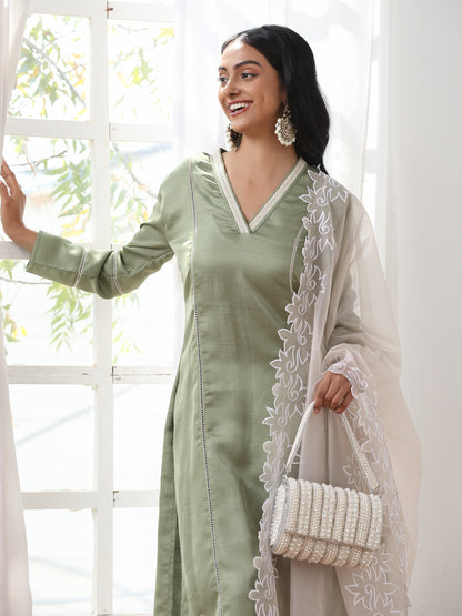 Dhiyona ST Women’s Sweet Pea Suit Set with Pant | 2 Pc Set, A-Line, Lace Detailing, V Neck, Work Wear, Casual (PRF'T Lux Duchess Satin Fabric)