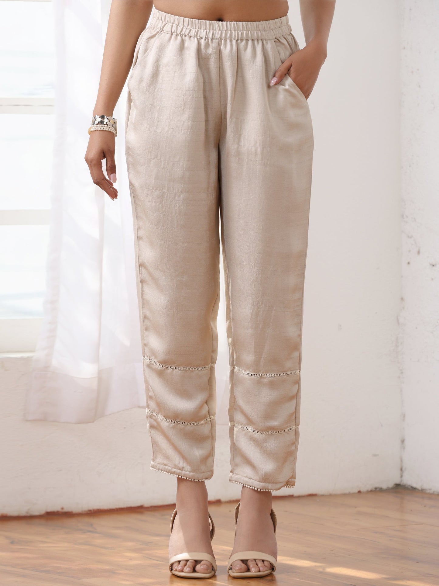 Dhiyona ST Women’s Cream Suit Set with Pant | 2 Pc Set, A-Line, Swiss Embroidery on Kurta & Pants, Work Wear, Casual (PRF'T Lux Duchess Satin Fabric)