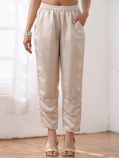 Dhiyona ST Women’s Cream Suit Set with Pant | 2 Pc Set, A-Line, Swiss Embroidery on Kurta & Pants, Work Wear, Casual (PRF'T Lux Duchess Satin Fabric)