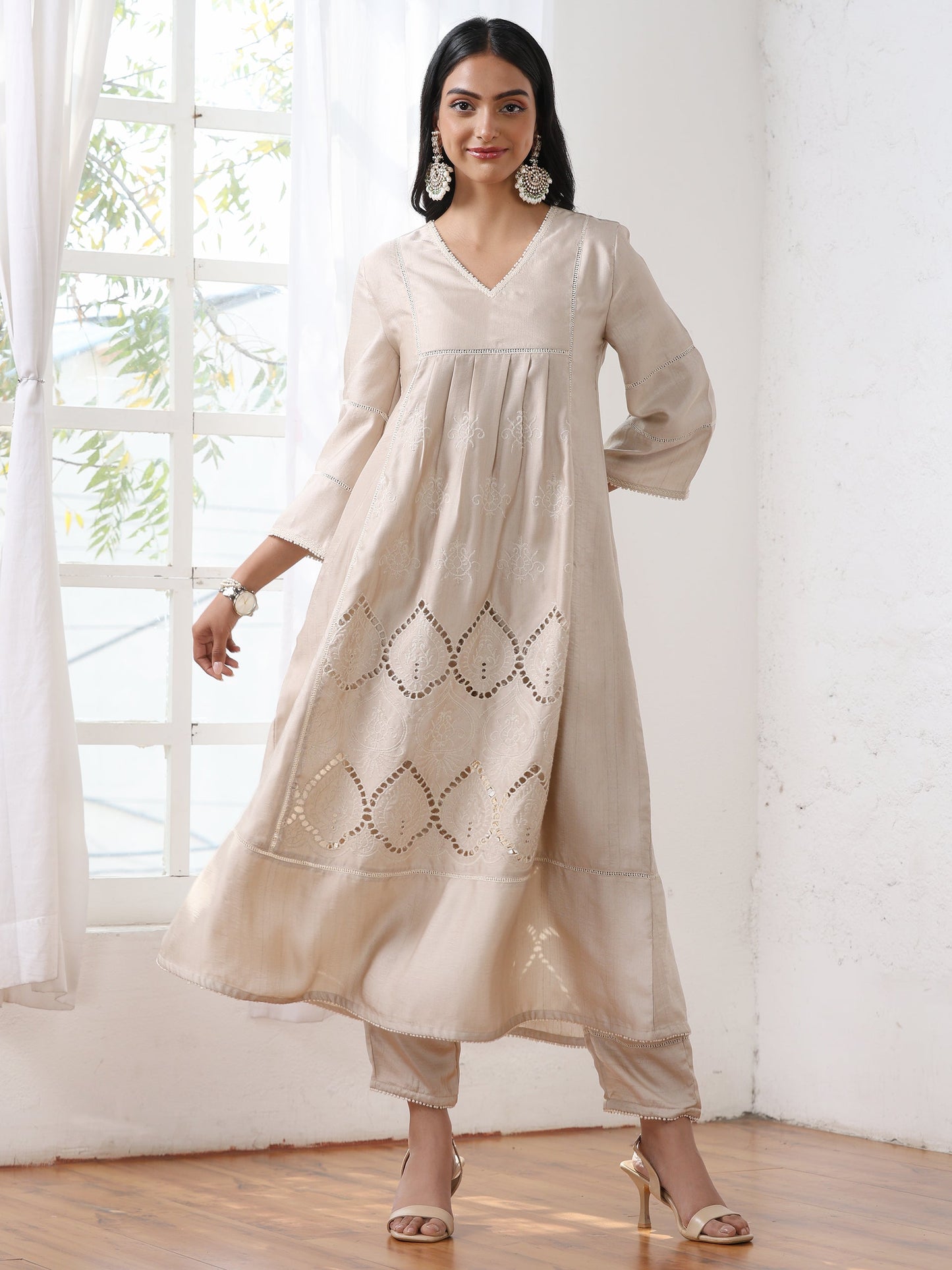 Dhiyona ST Women’s Cream Suit Set with Pant | 2 Pc Set, A-Line, Swiss Embroidery, 3/4 Sleeves, Work Wear, Casual (PRF'T Lux Duchess Satin Fabric)
