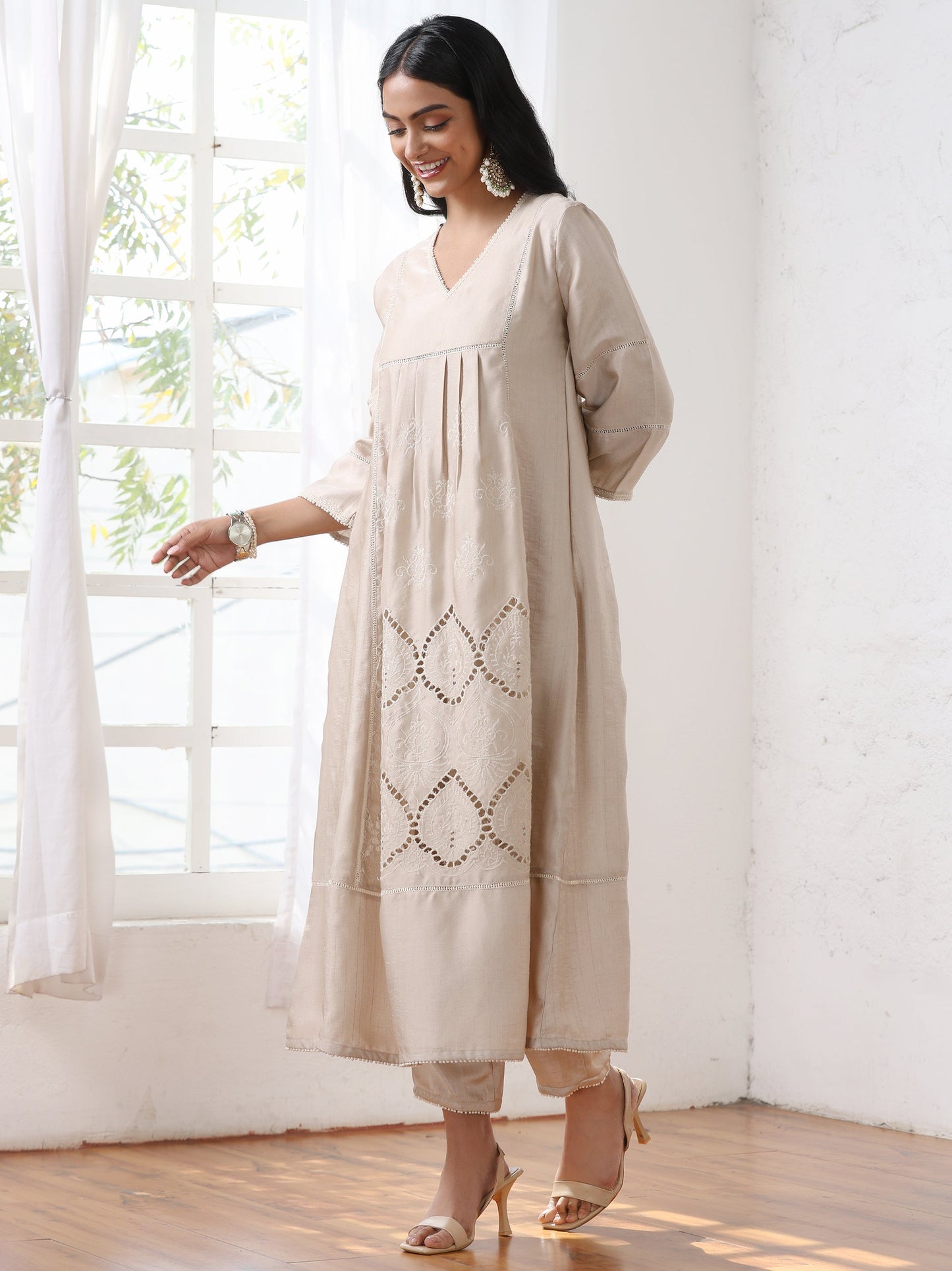 Dhiyona ST Women’s Cream Suit Set with Pant | 2 Pc Set, A-Line, Swiss Embroidery, 3/4 Sleeves, Work Wear, Casual (PRF'T Lux Duchess Satin Fabric)