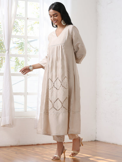 Dhiyona ST Women’s Cream Suit Set with Pant | 2 Pc Set, A-Line, Swiss Embroidery, 3/4 Sleeves, Work Wear, Casual (PRF'T Lux Duchess Satin Fabric)