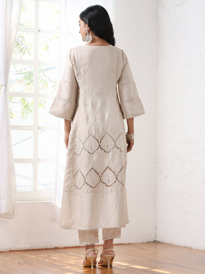 Dhiyona ST Women’s Cream Suit Set with Pant | 2 Pc Set, A-Line, Swiss Embroidery, 3/4 Sleeves, Work Wear, Casual (PRF'T Lux Duchess Satin Fabric)