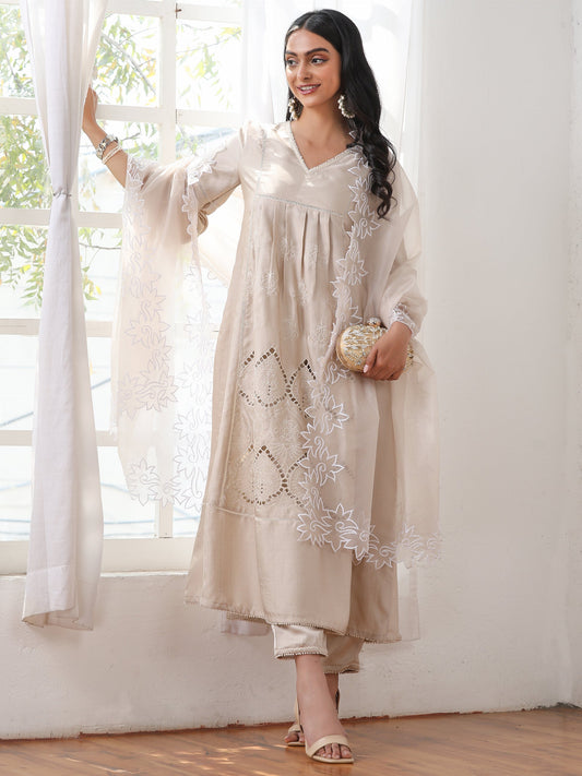 Dhiyona ST Women’s Cream Suit Set with Pant | 2 Pc Set, A-Line, Swiss Embroidery, 3/4 Sleeves, Work Wear, Casual (PRF'T Lux Duchess Satin Fabric)