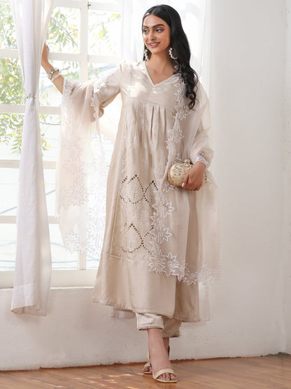 Dhiyona ST Women’s Cream  Cut Work Edge Organza Dupatta | 1 Pc, Cut Work Embroidery, Festive Party Wear