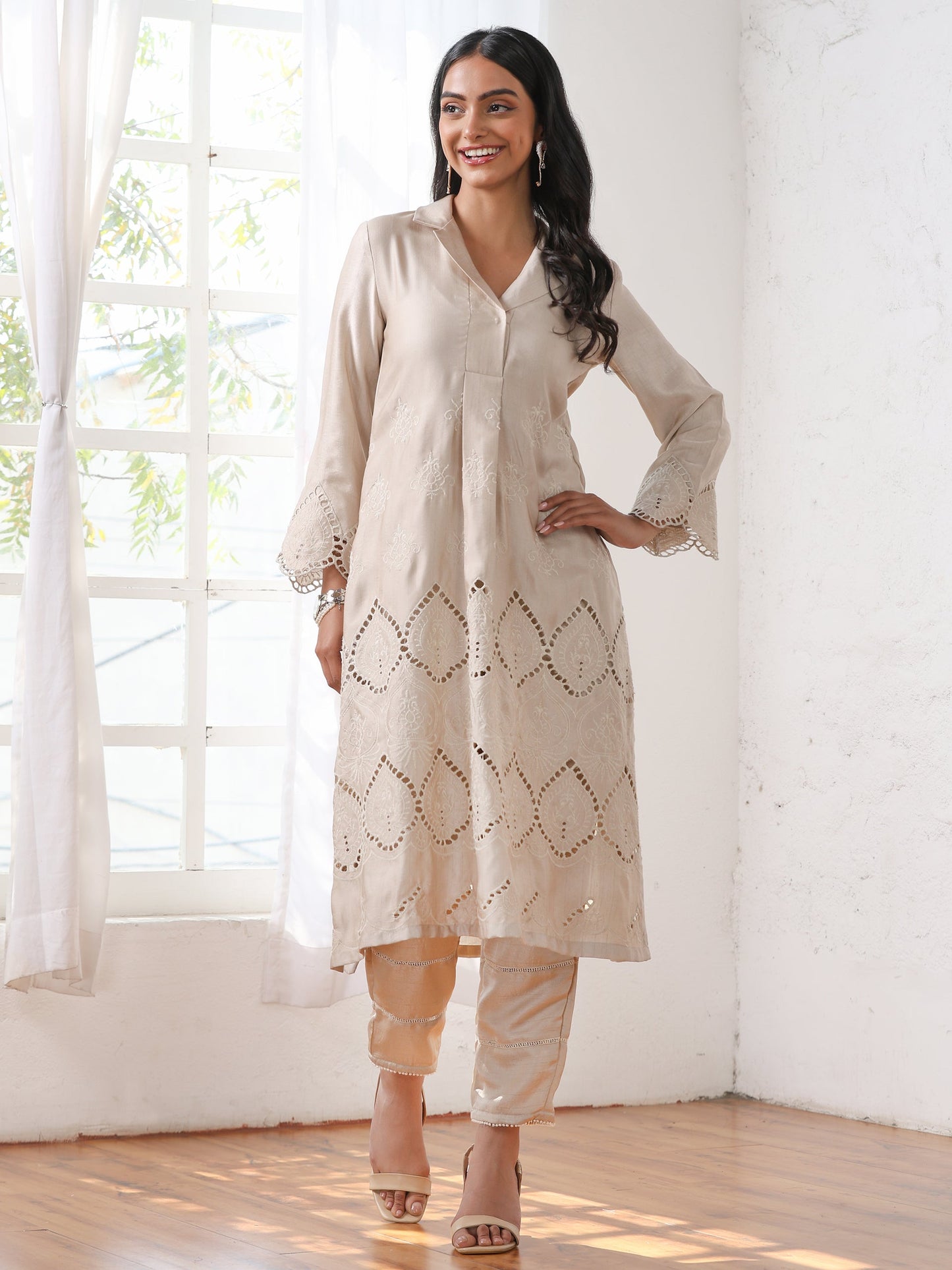 Dhiyona ST Women’s Cream Suit Set with Pant | 2 Pc Set, A-Line, Swiss Embroidery on Kurta & Pants, Work Wear, Casual (PRF'T Lux Duchess Satin Fabric)