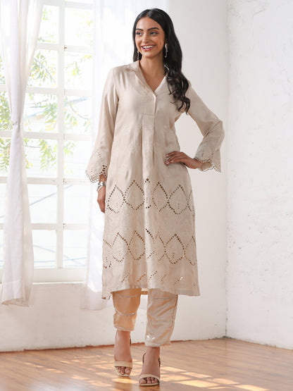 Dhiyona ST Women’s Cream Suit Set with Pant | 2 Pc Set, A-Line, Swiss Embroidery on Kurta & Pants, Work Wear, Casual (PRF'T Lux Duchess Satin Fabric)