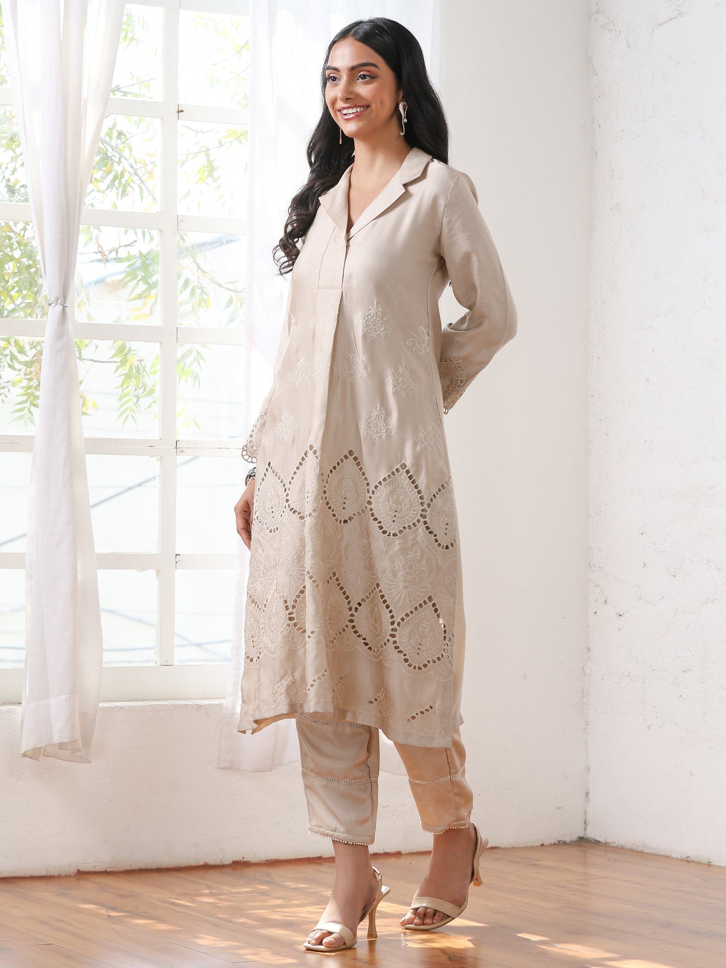 Dhiyona ST Women’s Cream Suit Set with Pant | 2 Pc Set, A-Line, Swiss Embroidery on Kurta & Pants, Work Wear, Casual (PRF'T Lux Duchess Satin Fabric)