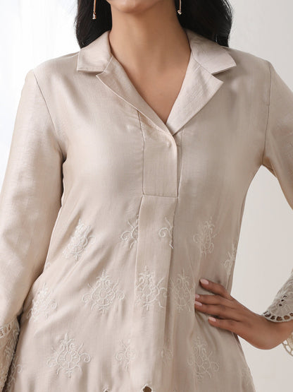 Dhiyona ST Women’s Cream Suit Set with Pant | 2 Pc Set, A-Line, Swiss Embroidery on Kurta & Pants, Work Wear, Casual (PRF'T Lux Duchess Satin Fabric)