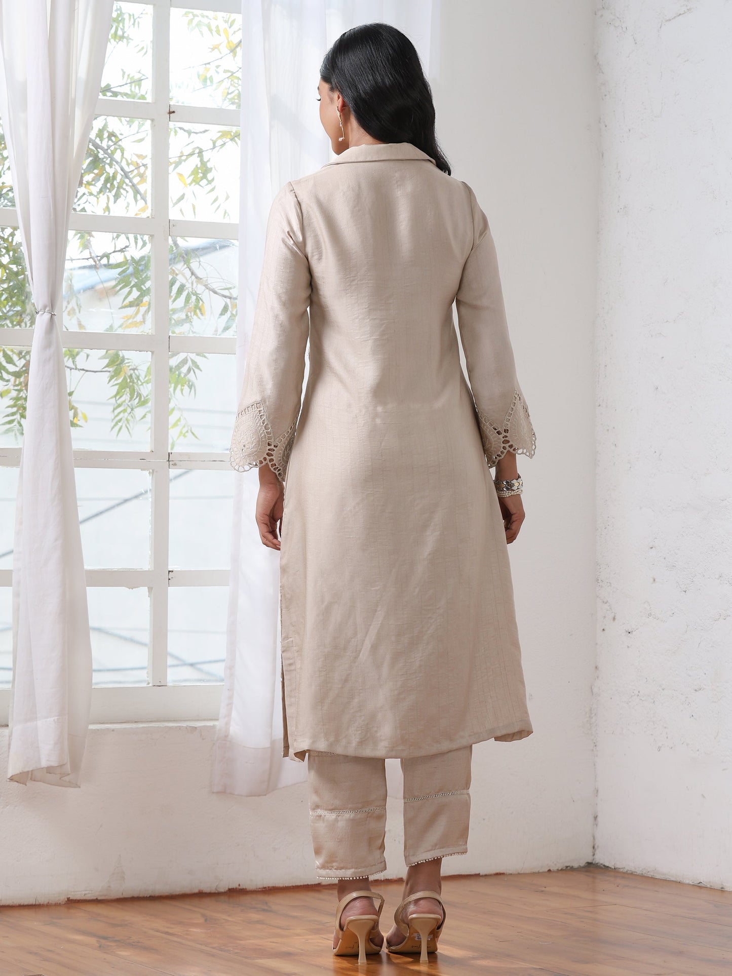 Dhiyona ST Women’s Cream Suit Set with Pant | 2 Pc Set, A-Line, Swiss Embroidery on Kurta & Pants, Work Wear, Casual (PRF'T Lux Duchess Satin Fabric)
