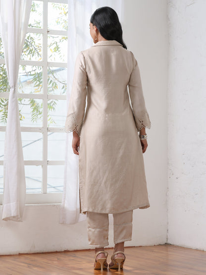 Dhiyona ST Women’s Cream Suit Set with Pant | 2 Pc Set, A-Line, Swiss Embroidery on Kurta & Pants, Work Wear, Casual (PRF'T Lux Duchess Satin Fabric)
