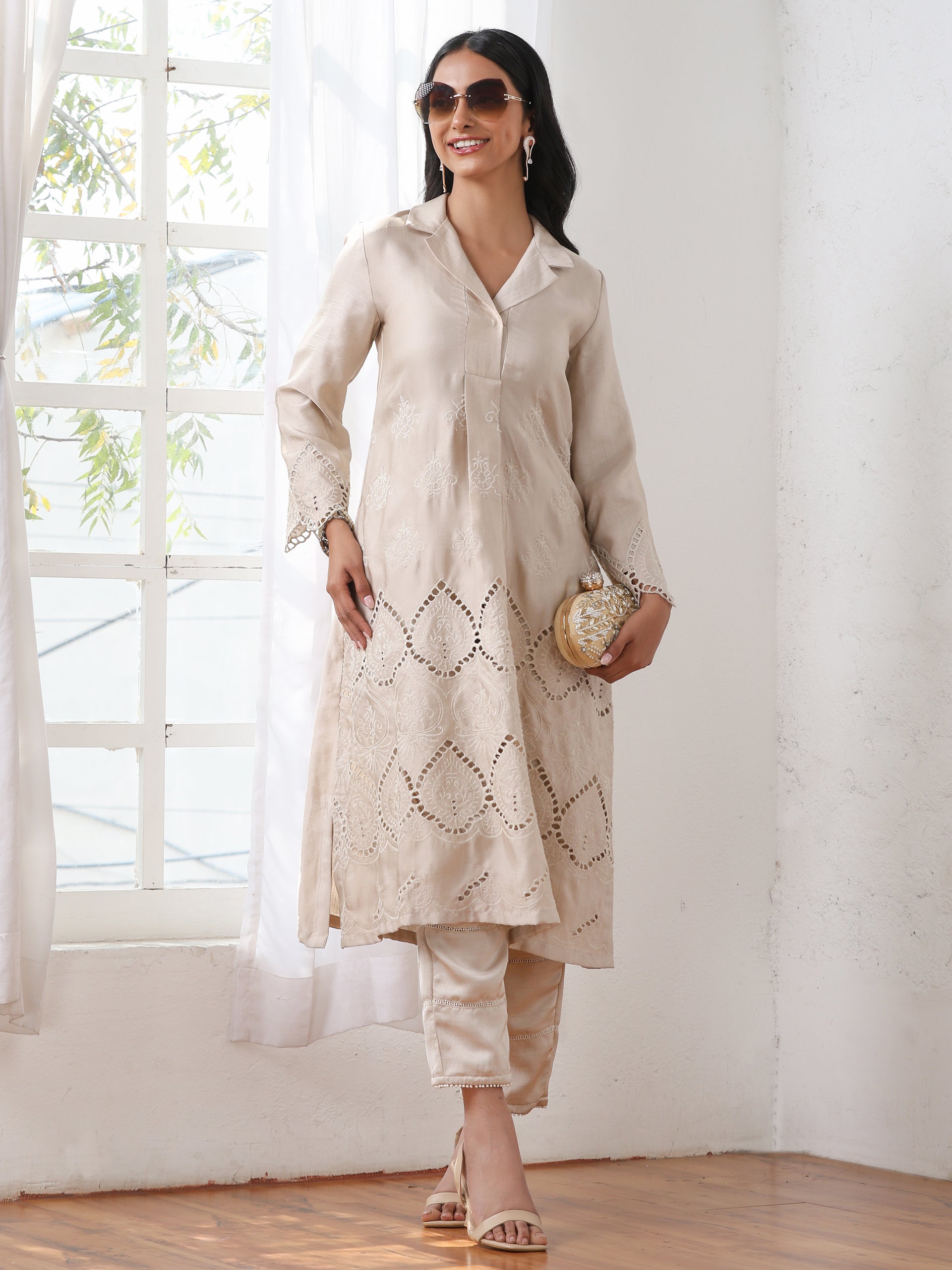 Dhiyona ST Women’s Cream Suit Set with Pant | 2 Pc Set, A-Line, Swiss Embroidery on Kurta & Pants, Work Wear, Casual (PRF'T Lux Duchess Satin Fabric)