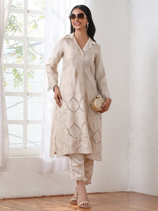 Dhiyona ST Women’s Cream Suit Set with Pant | 2 Pc Set, A-Line, Swiss Embroidery on Kurta & Pants, Work Wear, Casual (PRF'T Lux Duchess Satin Fabric)