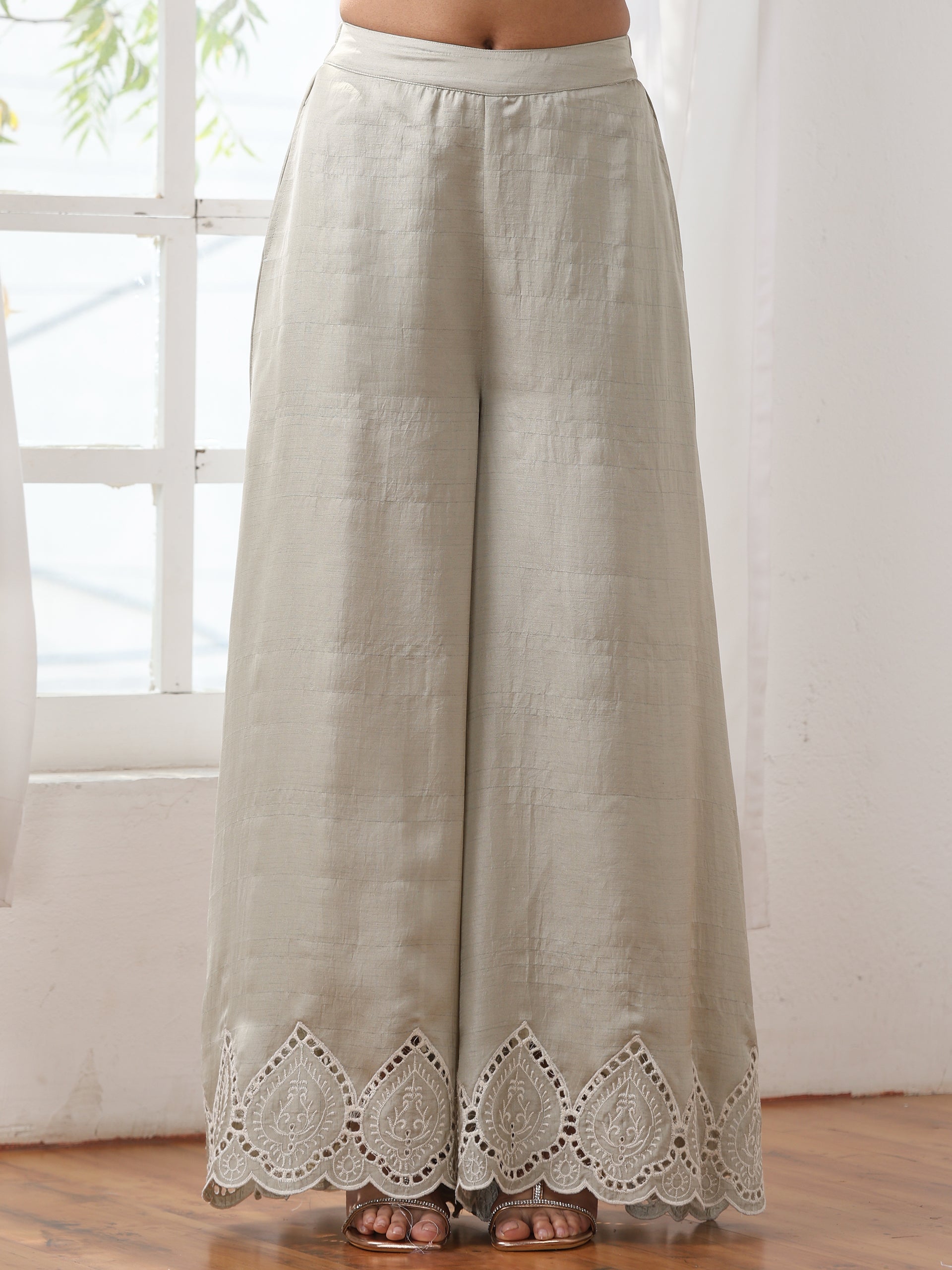 Dhiyona ST Women’s Sage Schiffli Palazzo | 1 Pc, PRF'T Lux Duchess Satin Fabric, Schiffli Embroidery, Festive Party Wear