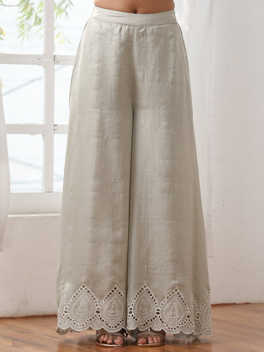 Dhiyona ST Women’s Sage Schiffli Palazzo | 1 Pc, PRF'T Lux Duchess Satin Fabric, Schiffli Embroidery, Festive Party Wear
