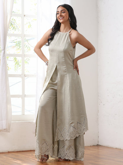 Dhiyona ST Women’s Sage Schiffli Palazzo | 1 Pc, PRF'T Lux Duchess Satin Fabric, Schiffli Embroidery, Festive Party Wear