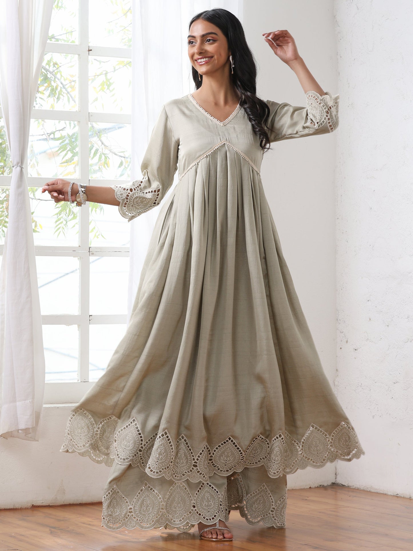 Dhiyona ST Women’s Sage Schiffli Palazzo | 1 Pc, PRF'T Lux Duchess Satin Fabric, Schiffli Embroidery, Festive Party Wear
