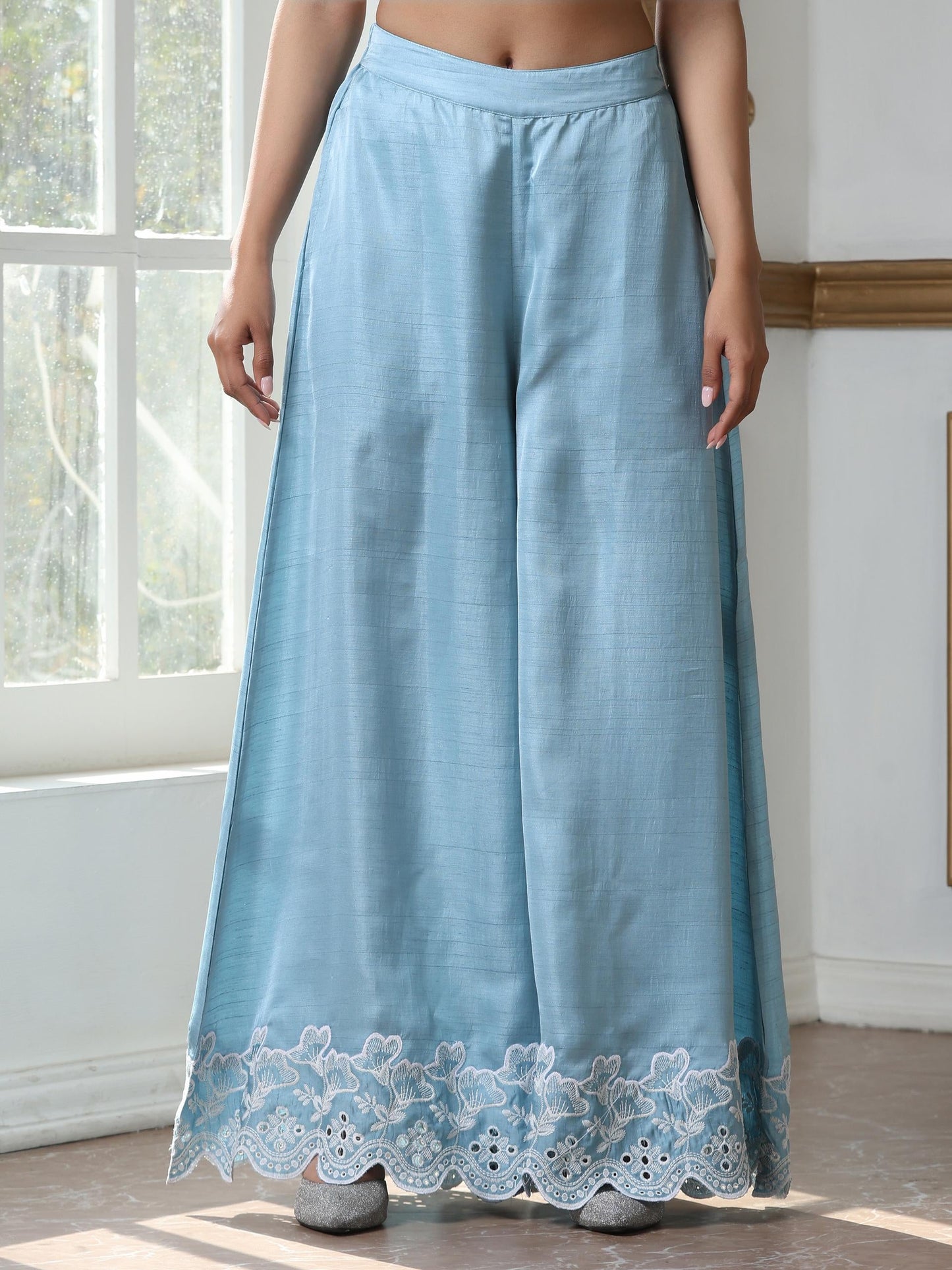 Dhiyona ST Women’s Blue Suit Set with Palazzo | 2 Pc Set, A-Line, Schiffli Embroidery on Sleeve and Palazzo, Short Kurta, Festive Party Wear (PRF'T Lux Duchess Satin Fabric)