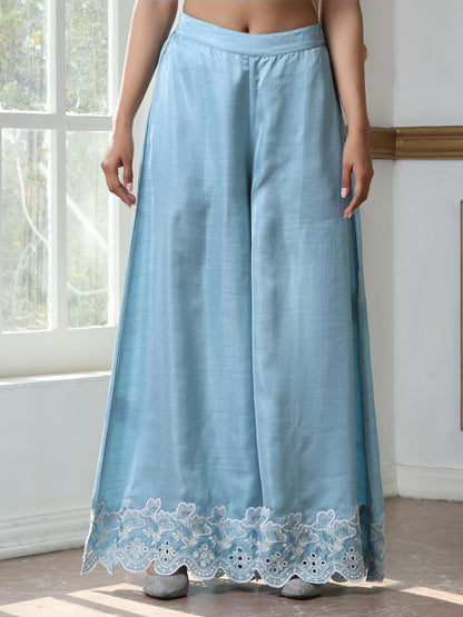 Dhiyona ST Women’s Blue Suit Set with Palazzo | 2 Pc Set, A-Line, Schiffli Embroidery on Sleeve and Palazzo, Short Kurta, Festive Party Wear (PRF'T Lux Duchess Satin Fabric)