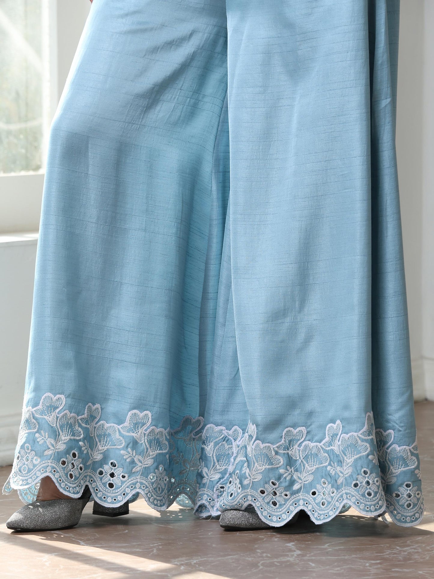 Dhiyona ST Women’s Blue Suit Set with Palazzo | 2 Pc Set, A-Line, Schiffli Embroidery on Sleeve and Palazzo, Short Kurta, Festive Party Wear (PRF'T Lux Duchess Satin Fabric)