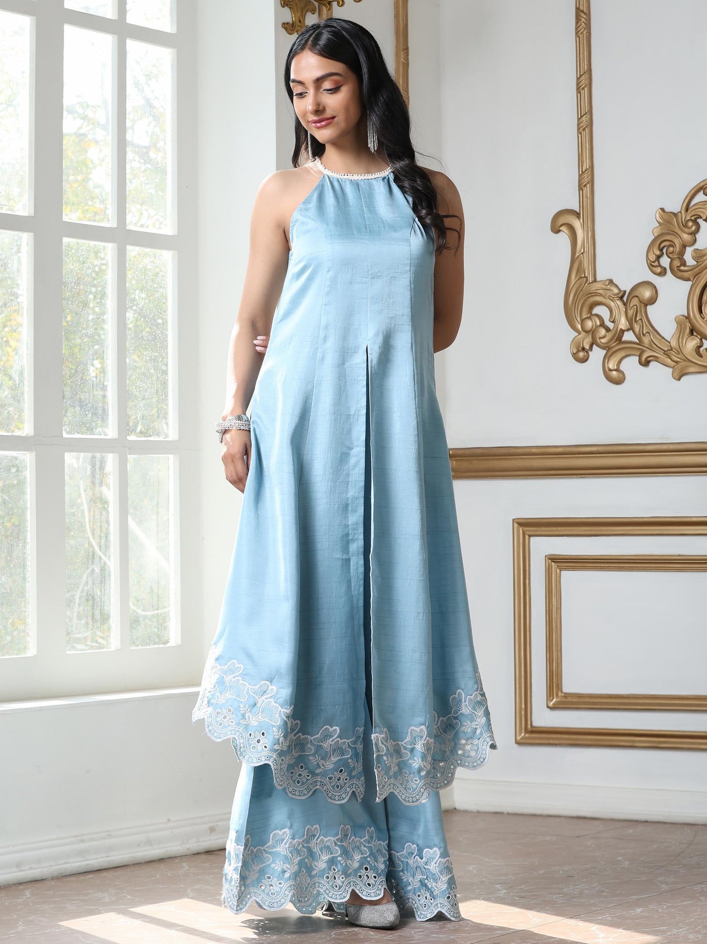 Dhiyona ST Women’s Blue Suit Set with Palazzo | 2 Pc Set, Halter Neck, Schiffli Embroidery on Hem, Sleeveless, Festive Wear, Casual (PRF'T Lux Duchess Satin Fabric)