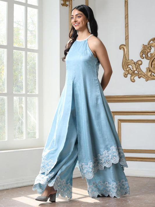 Dhiyona ST Women’s Blue Suit Set with Palazzo | 2 Pc Set, Halter Neck, Schiffli Embroidery on Hem, Sleeveless, Festive Wear, Casual (PRF'T Lux Duchess Satin Fabric)