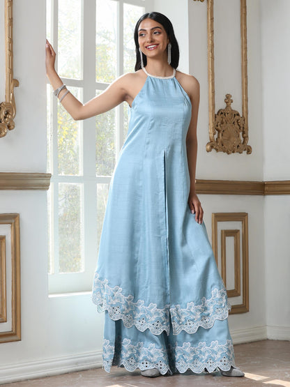 Dhiyona ST Women’s Blue Suit Set with Palazzo | 2 Pc Set, Halter Neck, Schiffli Embroidery on Hem, Sleeveless, Festive Wear, Casual (PRF'T Lux Duchess Satin Fabric)