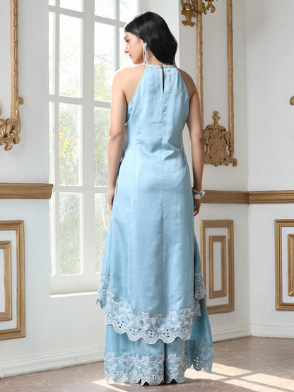 Dhiyona ST Women’s Blue Suit Set with Palazzo | 2 Pc Set, Halter Neck, Schiffli Embroidery on Hem, Sleeveless, Festive Wear, Casual (PRF'T Lux Duchess Satin Fabric)