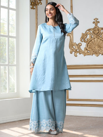 Dhiyona ST Women’s Blue Suit Set with Palazzo | 2 Pc Set, A-Line, Schiffli Embroidery on Sleeve and Palazzo, Short Kurta, Festive Party Wear (PRF'T Lux Duchess Satin Fabric)