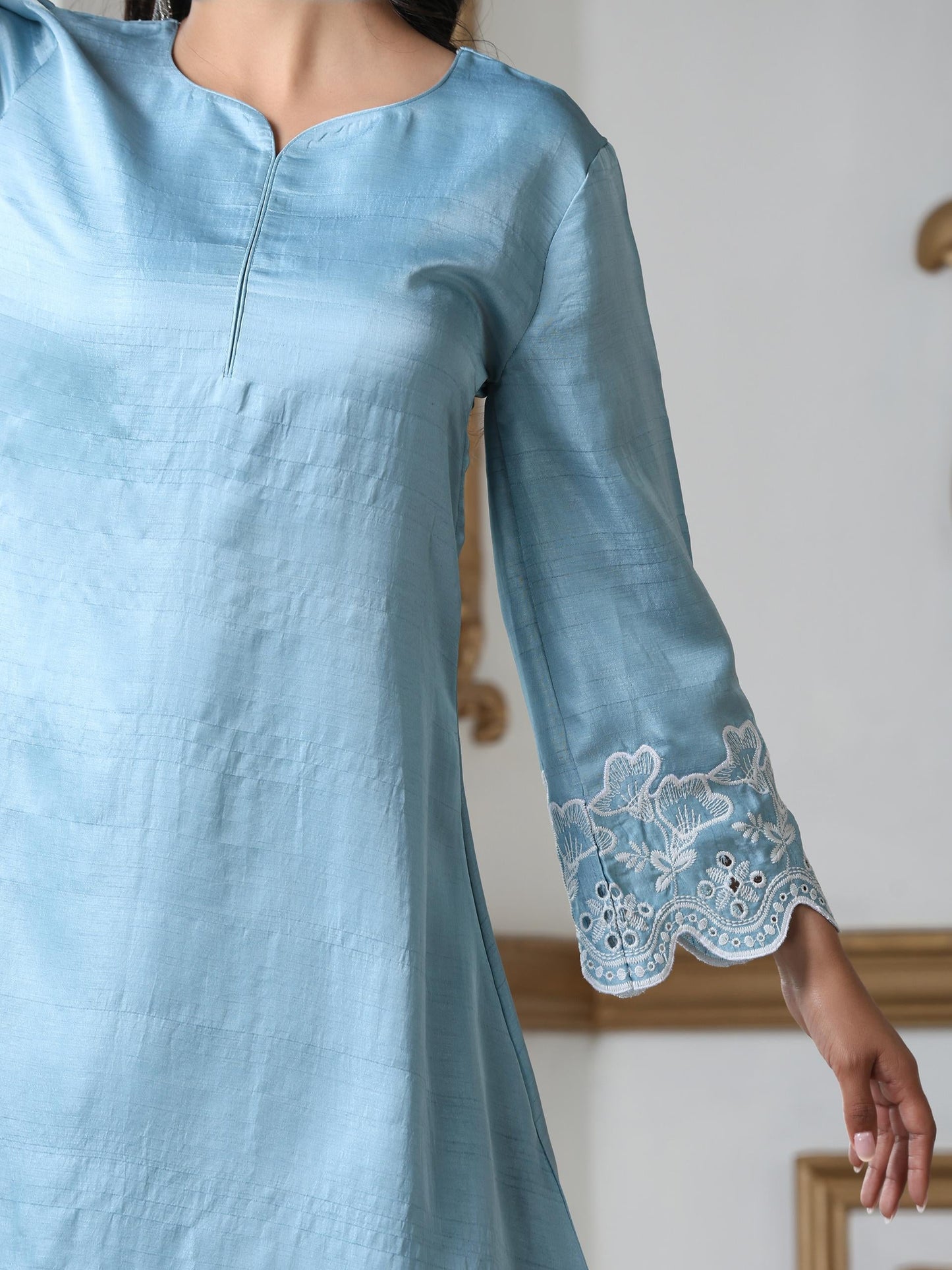 Dhiyona ST Women’s Blue Suit Set with Palazzo | 2 Pc Set, A-Line, Schiffli Embroidery on Sleeve and Palazzo, Short Kurta, Festive Party Wear (PRF'T Lux Duchess Satin Fabric)
