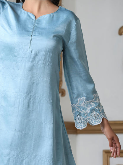 Dhiyona ST Women’s Blue Suit Set with Palazzo | 2 Pc Set, A-Line, Schiffli Embroidery on Sleeve and Palazzo, Short Kurta, Festive Party Wear (PRF'T Lux Duchess Satin Fabric)