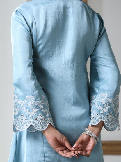Dhiyona ST Women’s Blue Suit Set with Palazzo | 2 Pc Set, A-Line, Schiffli Embroidery on Sleeve and Palazzo, Short Kurta, Festive Party Wear (PRF'T Lux Duchess Satin Fabric)