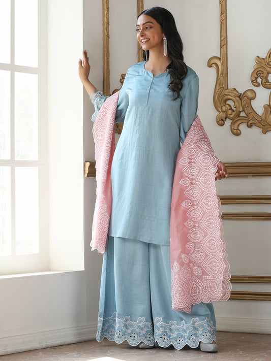 Dhiyona ST Women’s Blue Suit Set with Palazzo | 2 Pc Set, A-Line, Schiffli Embroidery on Sleeve and Palazzo, Short Kurta, Festive Party Wear (PRF'T Lux Duchess Satin Fabric)