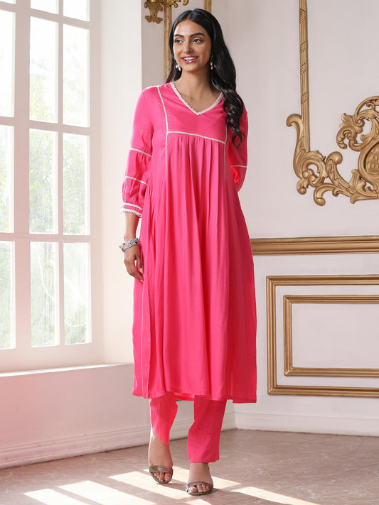 Dhiyona ST Women’s Pink Suit Set with Pant | 2 Pc Set, Paneled Design, Lace Detailing, Work Wear, Casual (Viscose Breathable Soft Natural Fabric)
