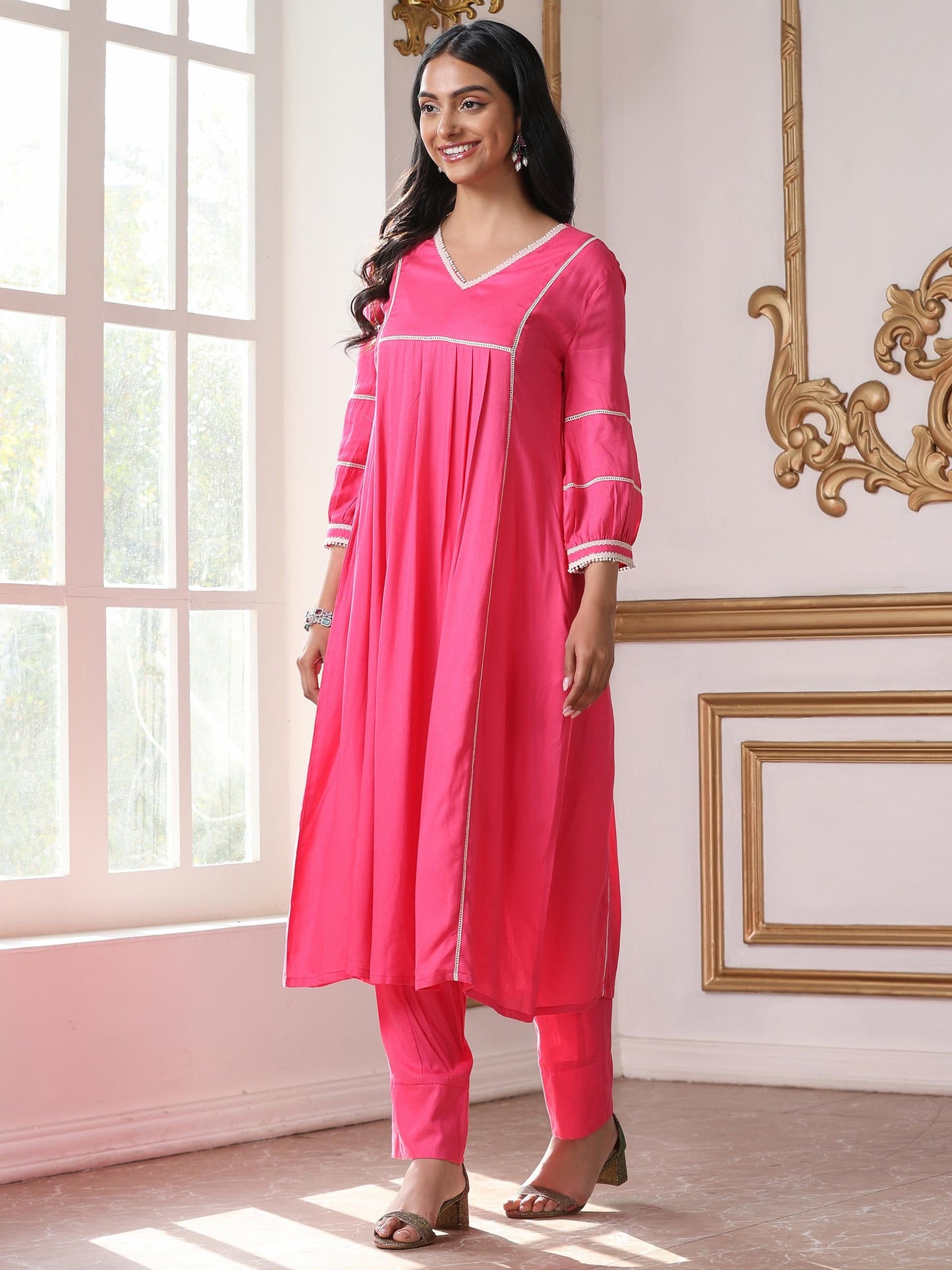 Dhiyona ST Women’s Pink Suit Set with Pant | 2 Pc Set, Paneled Design, Lace Detailing, Work Wear, Casual (Viscose Breathable Soft Natural Fabric)
