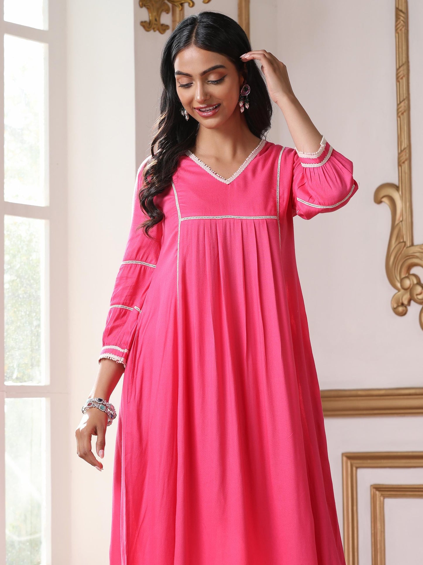 Dhiyona ST Women’s Pink Suit Set with Pant | 2 Pc Set, Paneled Design, Lace Detailing, Work Wear, Casual (Viscose Breathable Soft Natural Fabric)