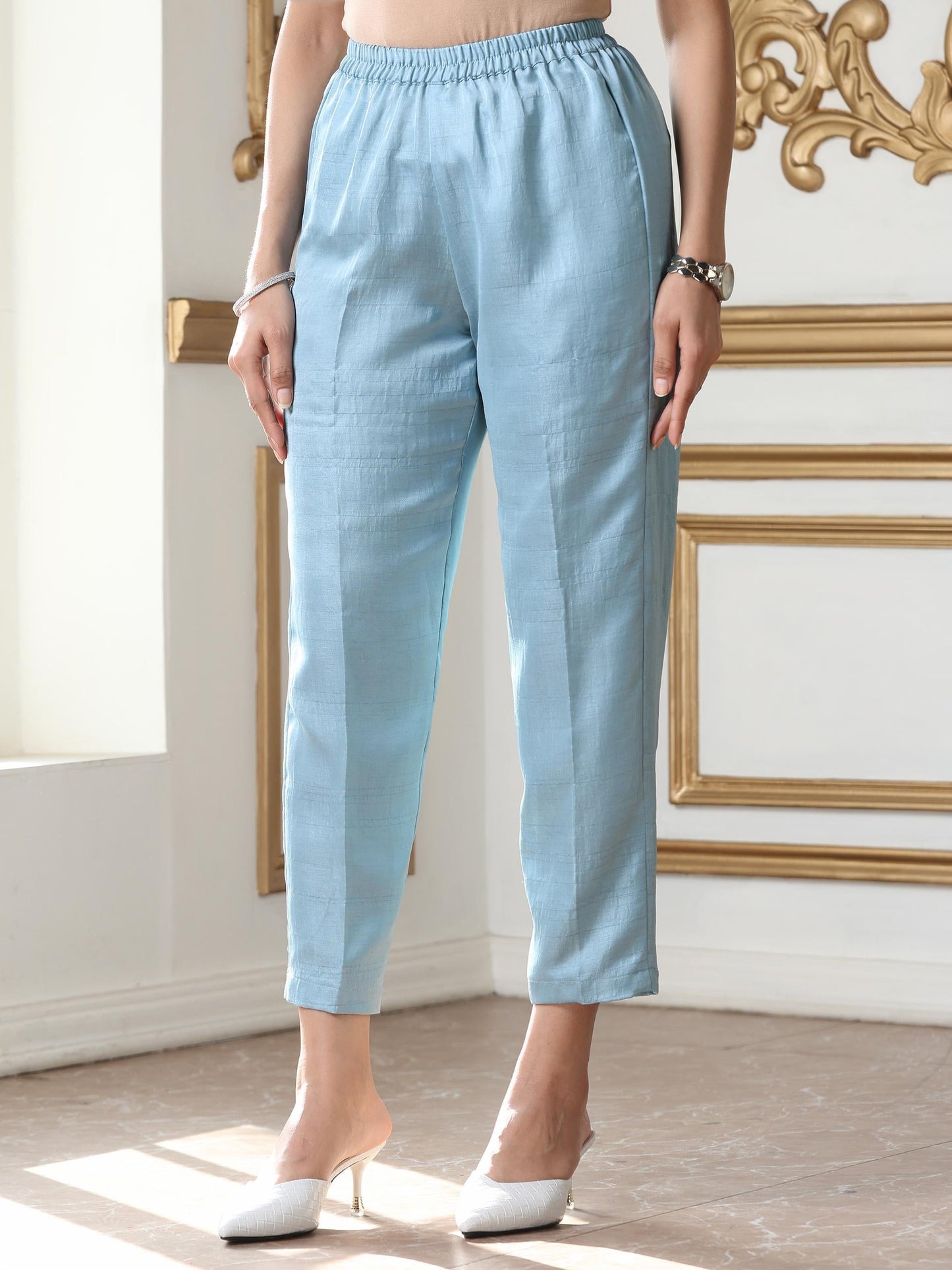 Dhiyona ST Women’s Blue Suit Set with Pant | 2 Pc Set, A-Line, Schiffli Embroidery on Hem, Sleeveless, Work Wear, Casual Wear (PRF'T Lux Duchess Satin Fabric)