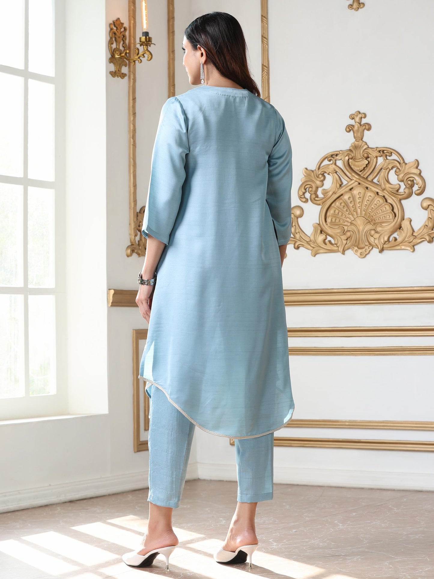 Dhiyona ST Women’s Blue Suit Set with Pant | 2 Pc Set, Gathered Design, Lace Detailing, V Neck, 3/4th Sleeves, Work Wear, Casual (PRF'T Lux Duchess Satin Fabric)
