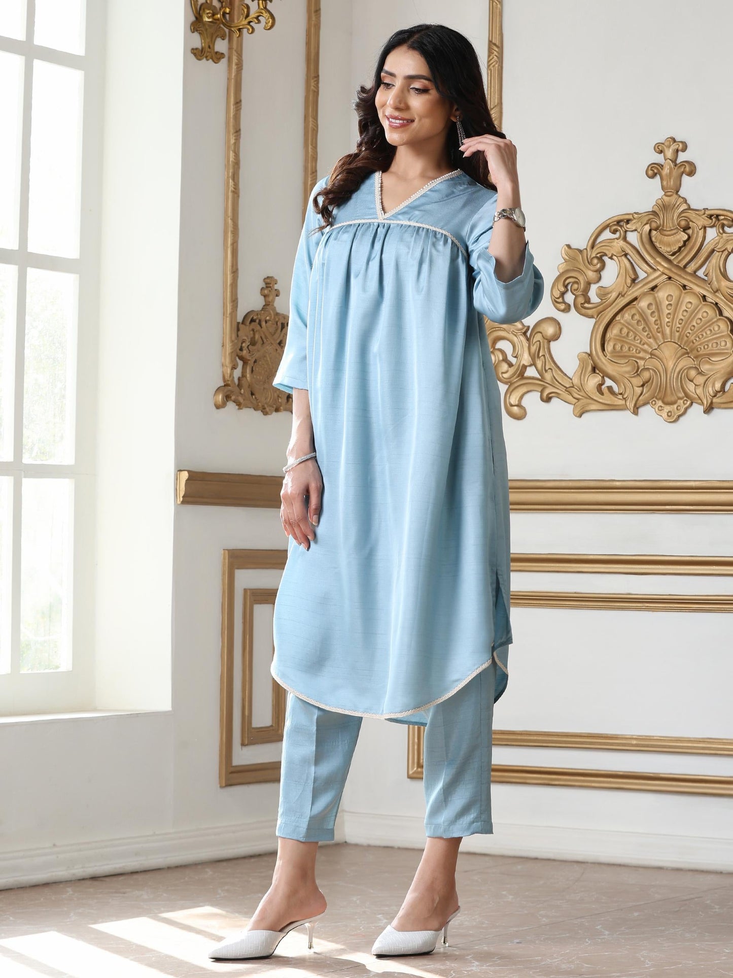 Dhiyona ST Women’s Blue Suit Set with Pant | 2 Pc Set, Gathered Design, Lace Detailing, V Neck, 3/4th Sleeves, Work Wear, Casual (PRF'T Lux Duchess Satin Fabric)