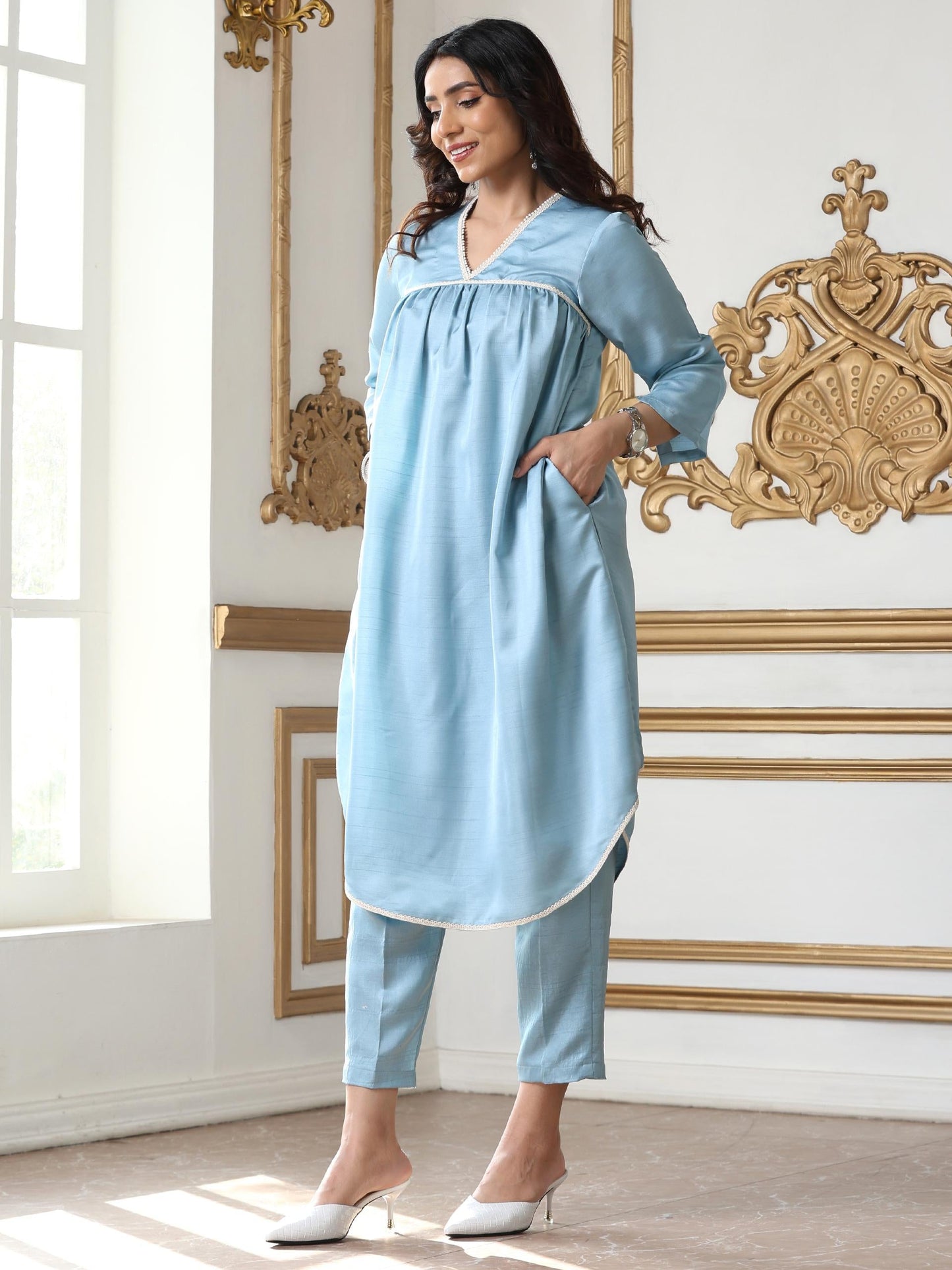 Dhiyona ST Women’s Blue Suit Set with Pant | 2 Pc Set, Gathered Design, Lace Detailing, V Neck, 3/4th Sleeves, Work Wear, Casual (PRF'T Lux Duchess Satin Fabric)