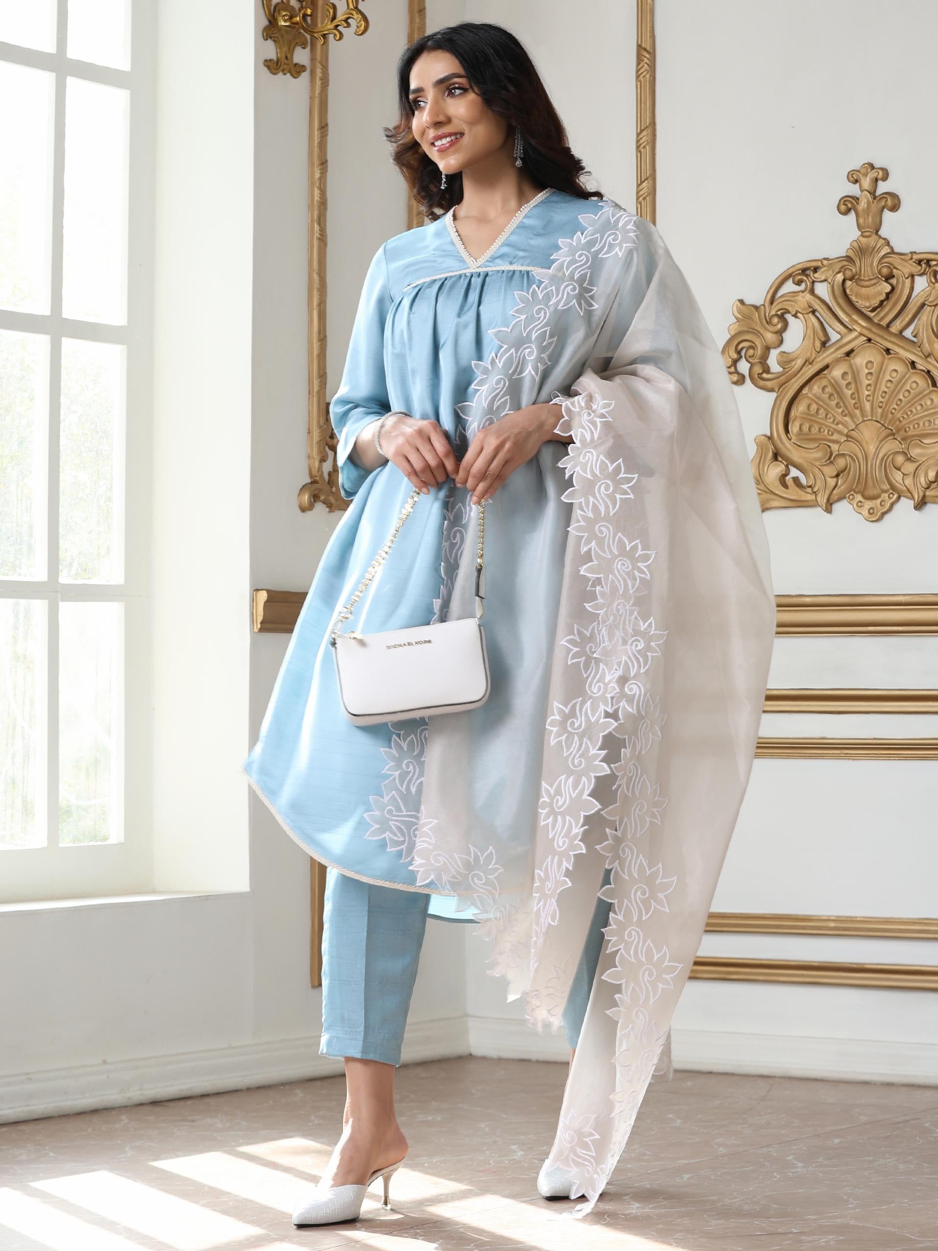 Dhiyona ST Women’s Blue Suit Set with Pant | 2 Pc Set, Gathered Design, Lace Detailing, V Neck, 3/4th Sleeves, Work Wear, Casual (PRF'T Lux Duchess Satin Fabric)